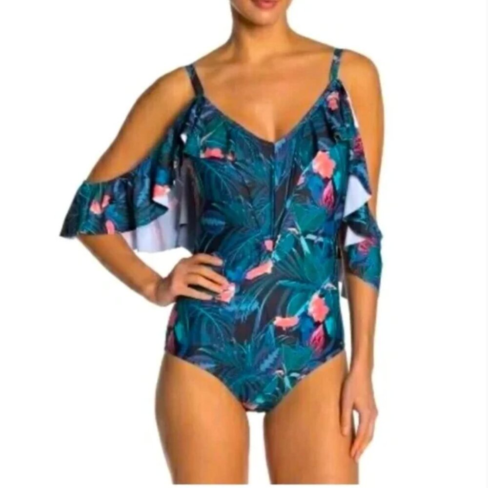 Nicole Miller Tropical Swimsuit with Ruffle Sleeve Detail NWT, size M